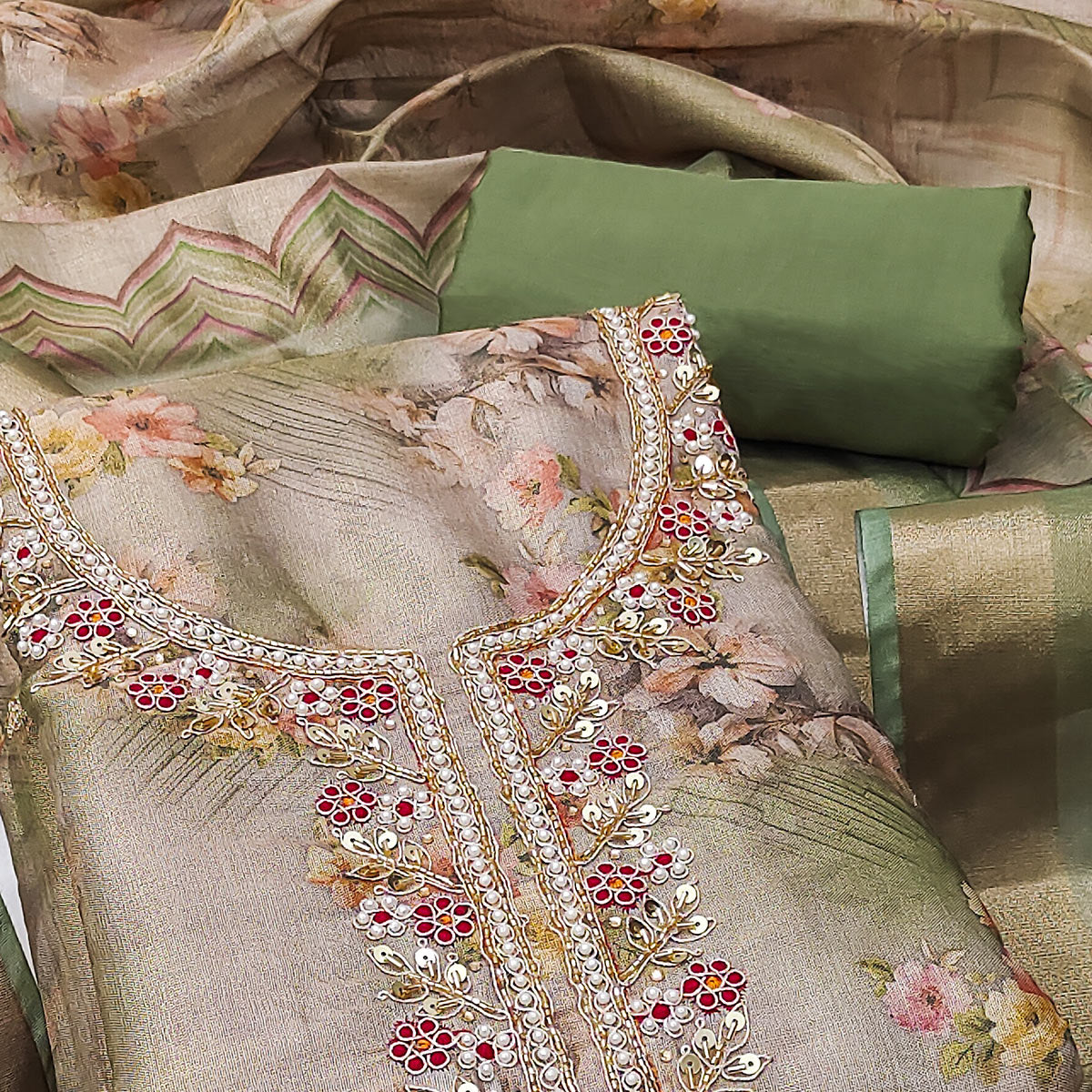 Green Floral Digital Printed With Handwork Viscose Dress Material