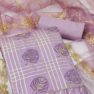 Lavender Printed With Gota Patti & Stonework Roman Cotton Silk Dress Material