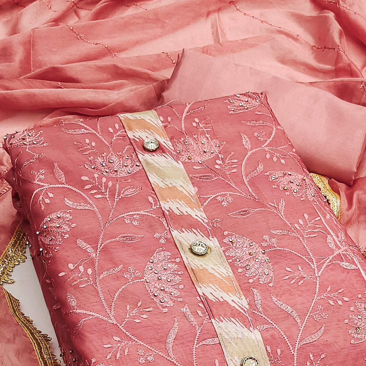 Peach Floral Embroidery With Digital Printed Chanderi Silk Dress Material