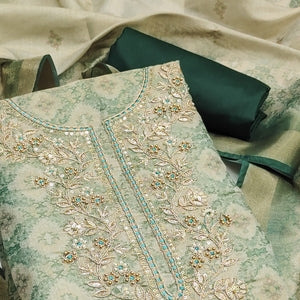 Green Digital Printed With Hand Embroidered Cotton Silk Dress Material