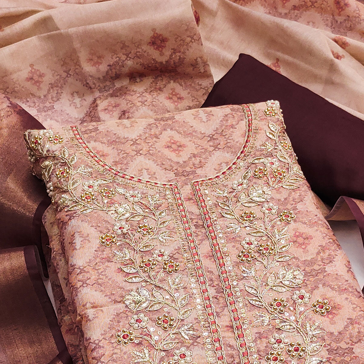 Peach Digital Printed With Hand Embroidered Cotton Silk Dress Material