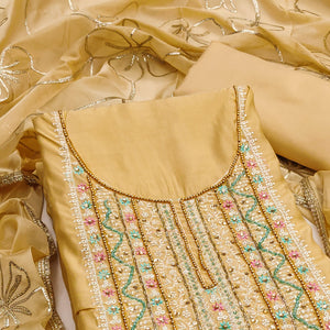 Chikoo Floral Sequins Embroidery With Handwork Cotton Silk Dress Material