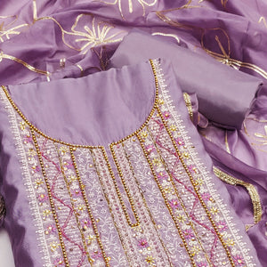 Lavender Floral Sequins Embroidery With Handwork Cotton Silk Dress Material