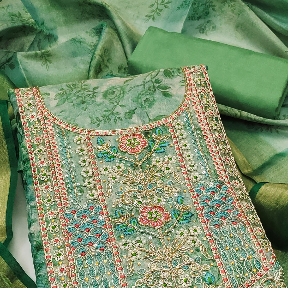 Green Floral Digital Printed With Moti Handwork Cotton Silk Dress Material