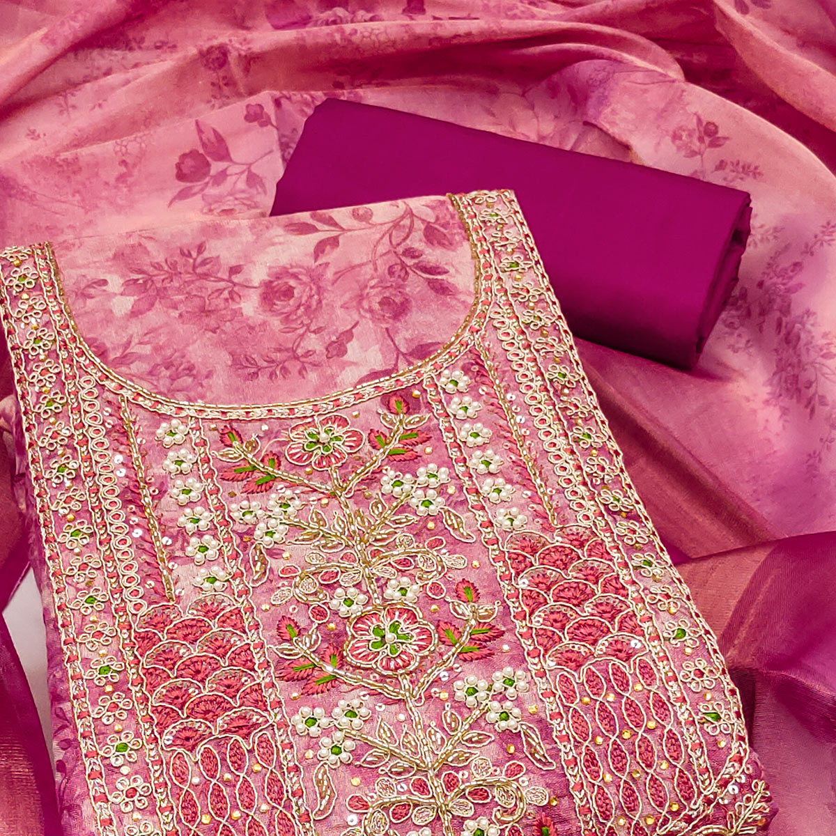 Rani Pink Floral Digital Printed With Moti Handwork Cotton Silk Dress Material