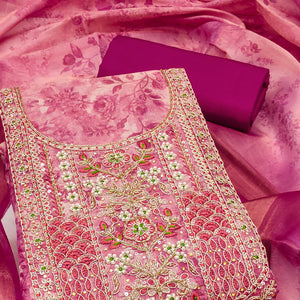 Rani Pink Floral Digital Printed With Moti Handwork Cotton Silk Dress Material
