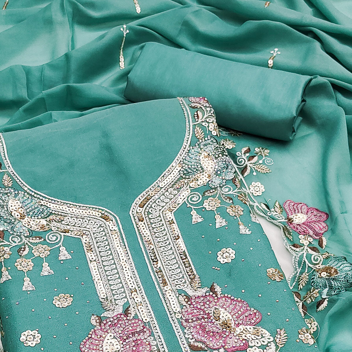 Turquoise Floral Sequins Embroidery With Stonework Dress Material In Viscose