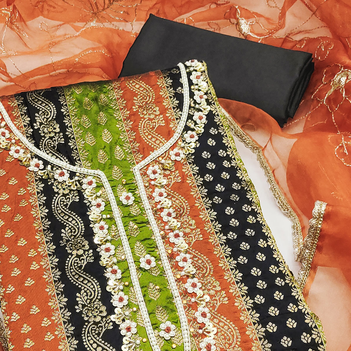 Black Banarasi Silk Jacquard Dress Material With Floral Woven Handwork Detailing