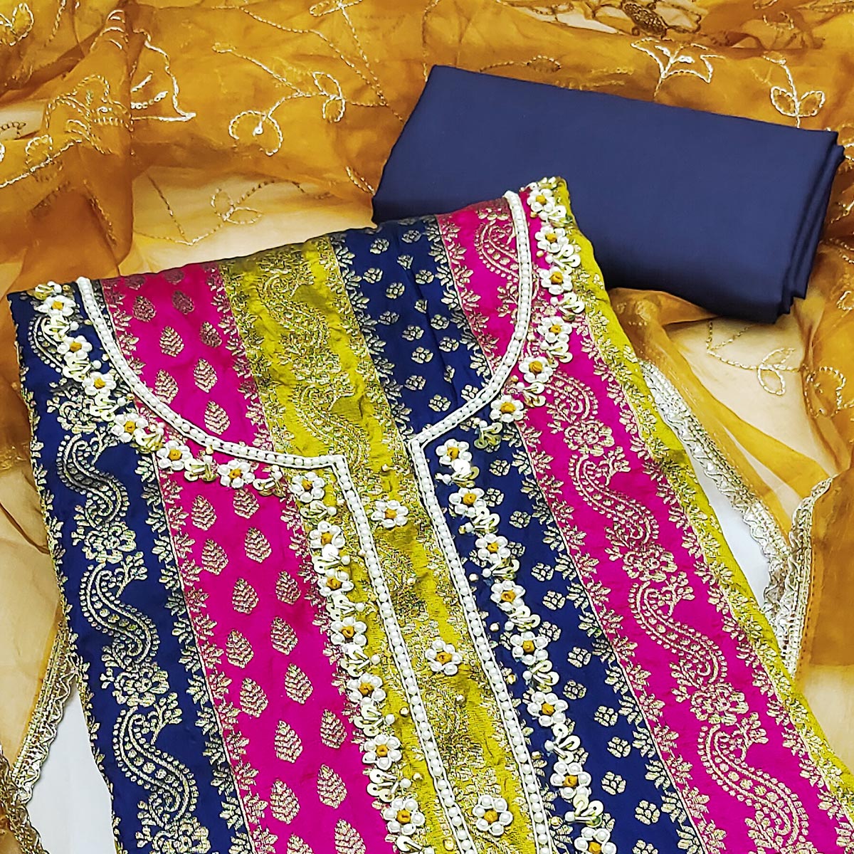 Navy Blue Banarasi Silk Jacquard Dress Material With Floral Woven Handwork Detailing