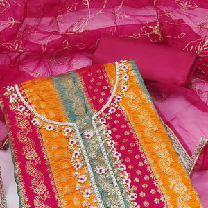 Pink Banarasi Silk Jacquard Dress Material With Floral Woven Handwork Detailing
