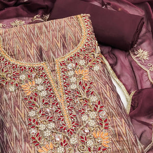 Festive Ready Wine Dress Material in Cotton Silk with Exquisite Hand Embroidery