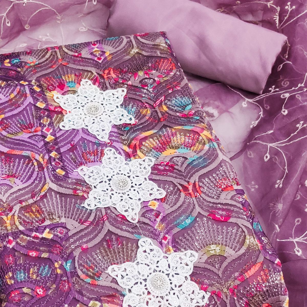 Festive Ready Purple Heavy Embroidered Dress Material in Roman Cotton Silk Fabric