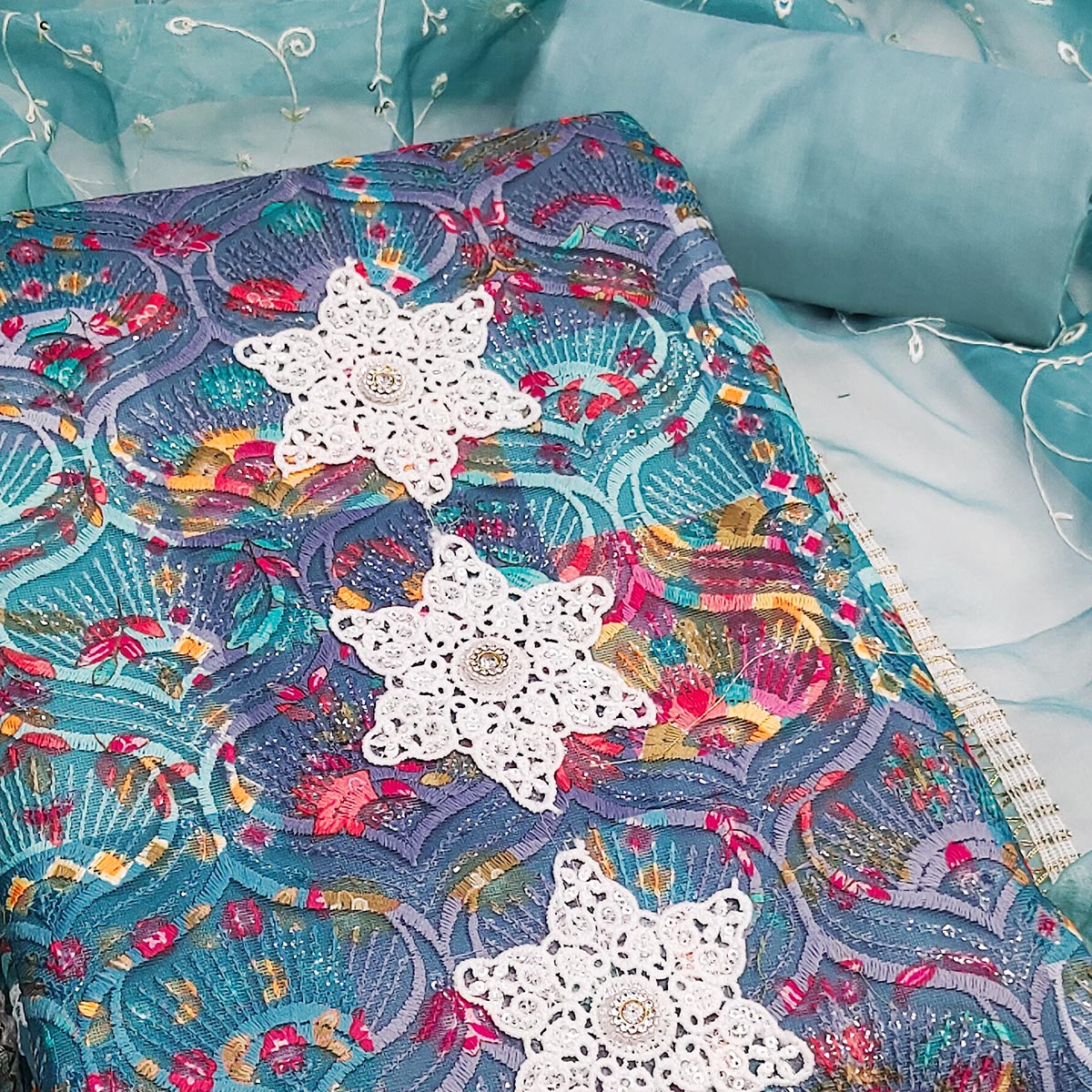 Festive Ready Teal Heavy Embroidered Dress Material in Roman Cotton Silk Fabric