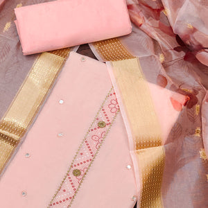 Peach Cotton Silk Dress Material With Intricate Thread Embroidery With Handwork