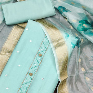 Turquoise Cotton Silk Dress Material With Intricate Thread Embroidery With Handwork