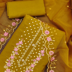 Dark Mustard Dress Material In Viscose With Intricate Floral Sequins Embroidery & Handwork