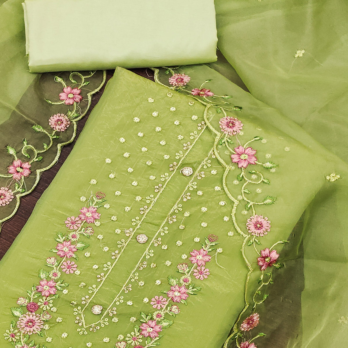 Green Dress Material In Viscose With Intricate Floral Sequins Embroidery & Handwork