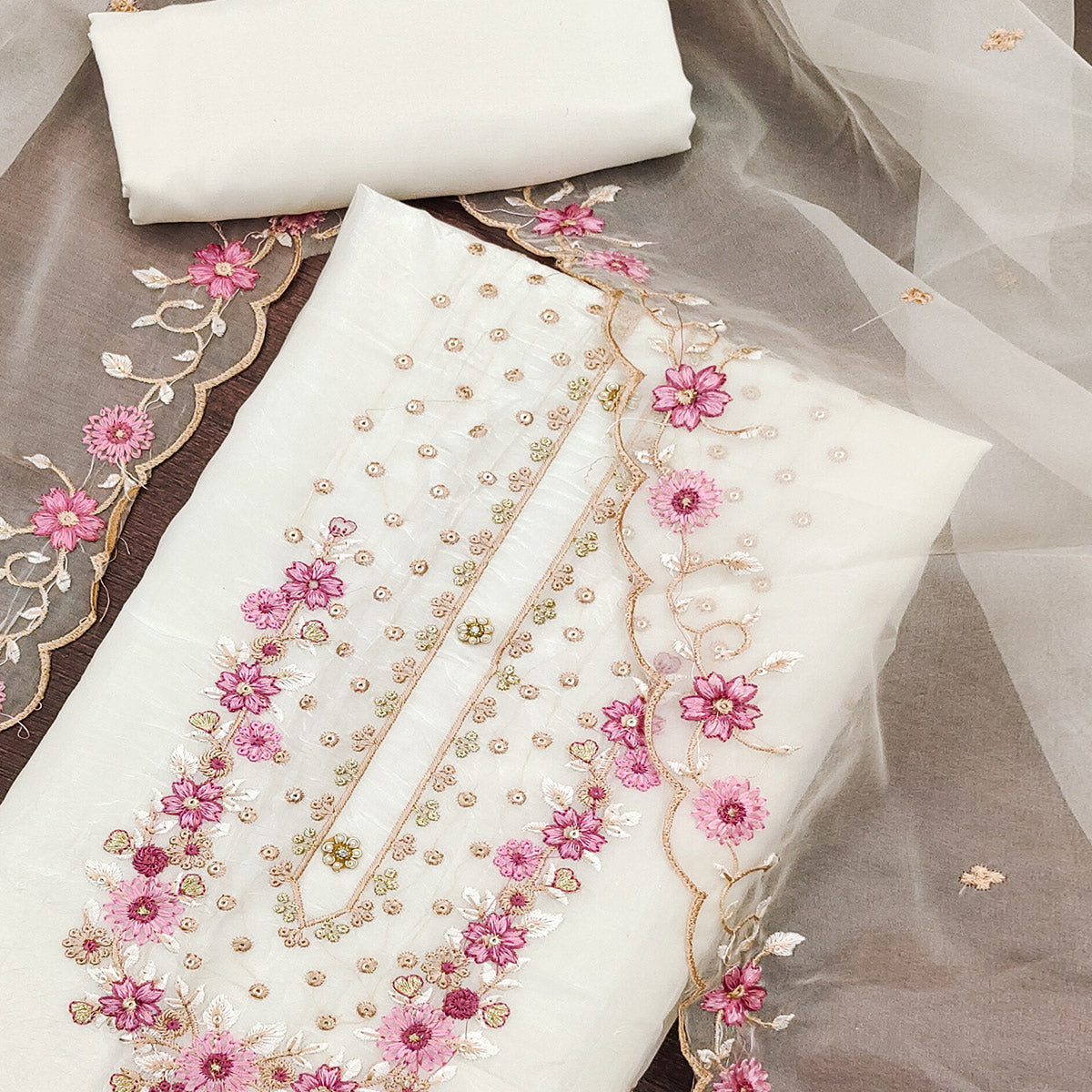 White Dress Material In Viscose With Intricate Floral Sequins Embroidery & Handwork