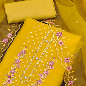 Yellow Dress Material In Viscose With Intricate Floral Sequins Embroidery & Handwork