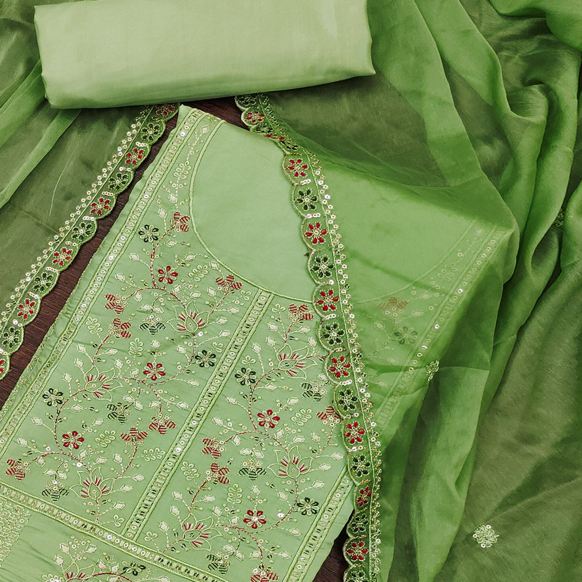 Green Floral Embroidered Cotton Silk Dress Material With Glimmering Floral Sequins Work