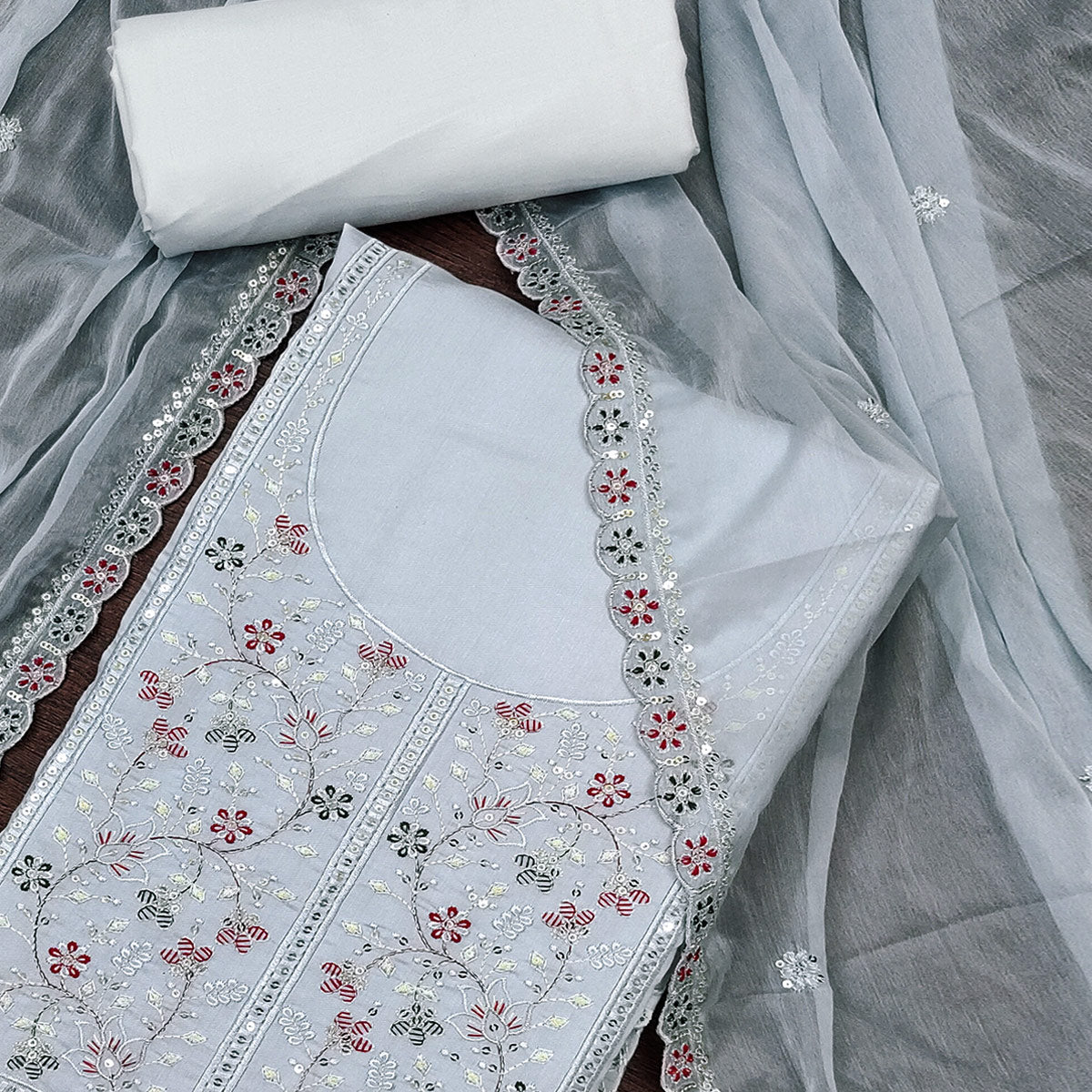 Grey Floral Embroidered Cotton Silk Dress Material With Glimmering Floral Sequins Work