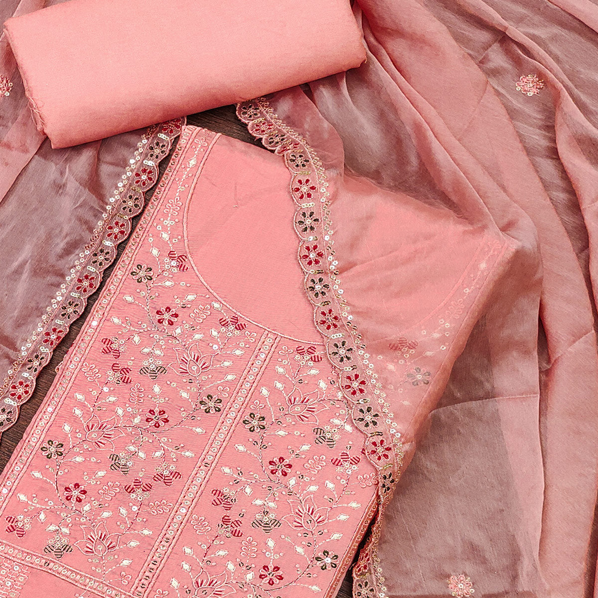 Peach Floral Embroidered Cotton Silk Dress Material With Glimmering Floral Sequins Work