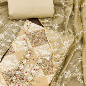 Beige Floral Printed Green Pure Cotton Dress Material With Moti & Gota Patti Handwork Embellishment
