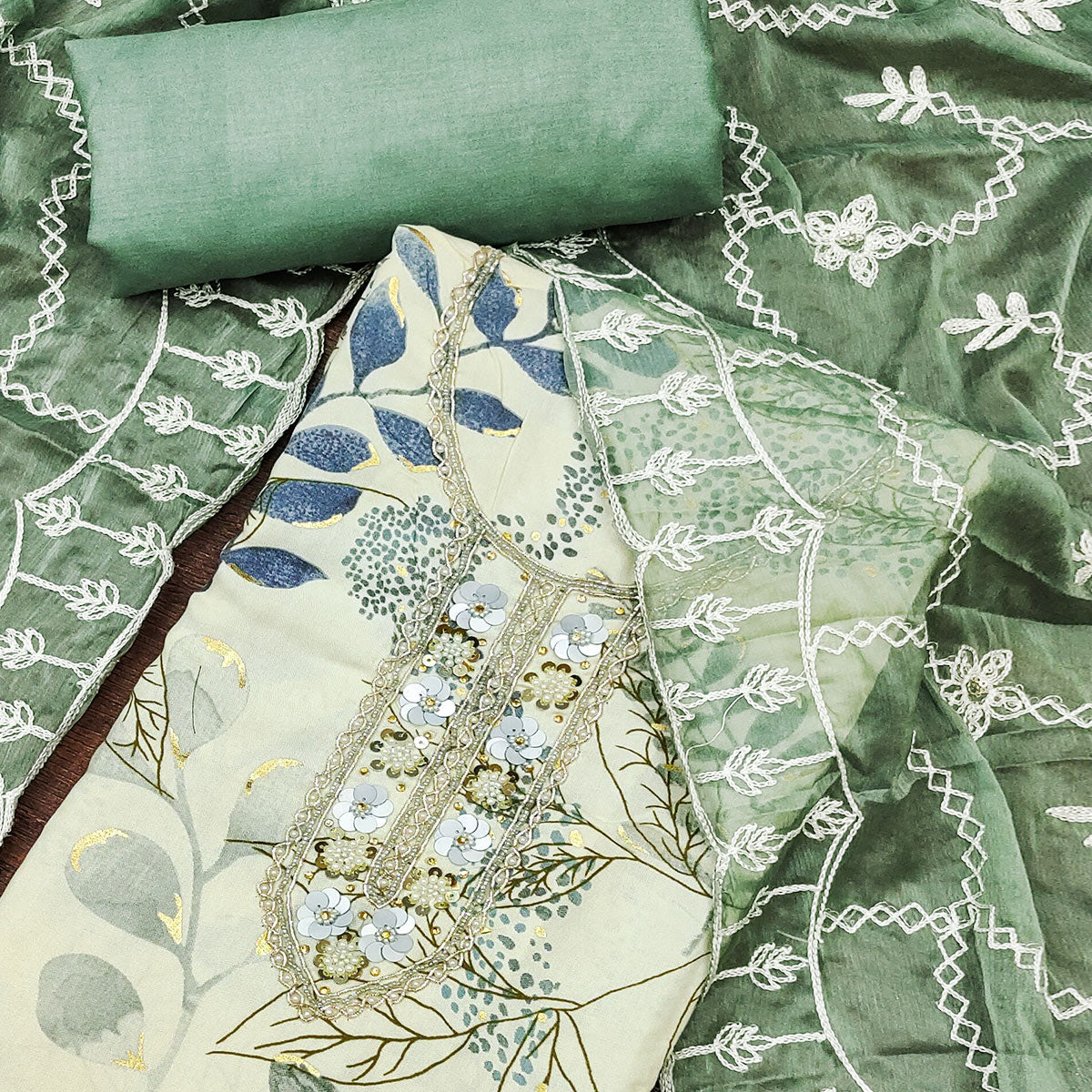Cream & Green Floral Printed Pure Cotton Dress Material With Intricate Moti & Stones work