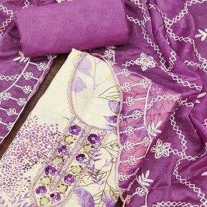 Cream & Purple Floral Printed Pure Cotton Dress Material With Intricate Moti & Stones work