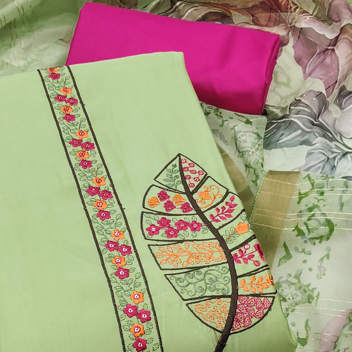 Green Delight Floral Sequins Embroidered Cotton Silk Dress Material