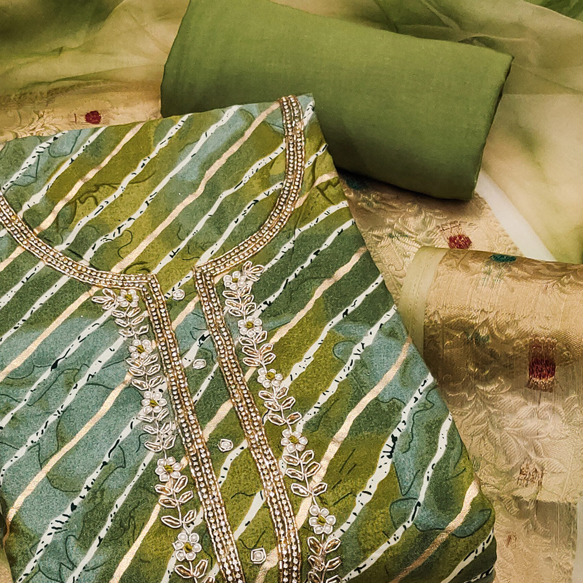 Green Printed With Intricate Moti Handwork Jam Cotton Dress Material