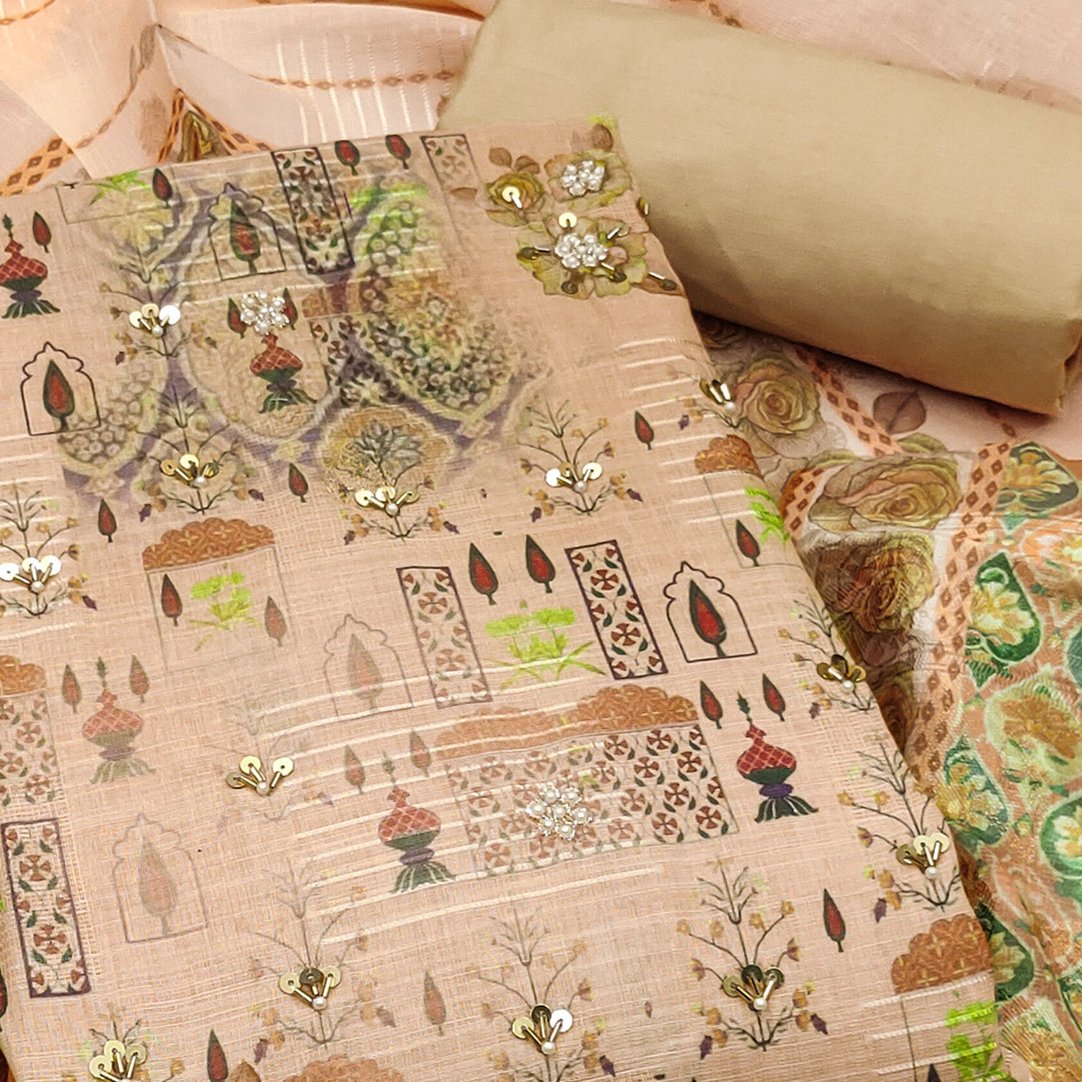 Mustard Digital Printed Viscose Cotton Dress Material With Intricate Moti & Sequins Handwork