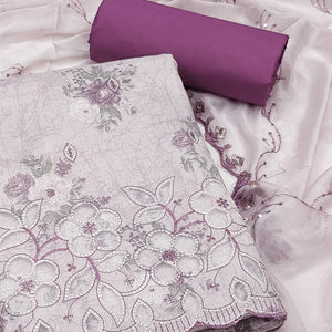 Purple Floral Cambric Cotton Dress Material With Elegant Embroidery Work
