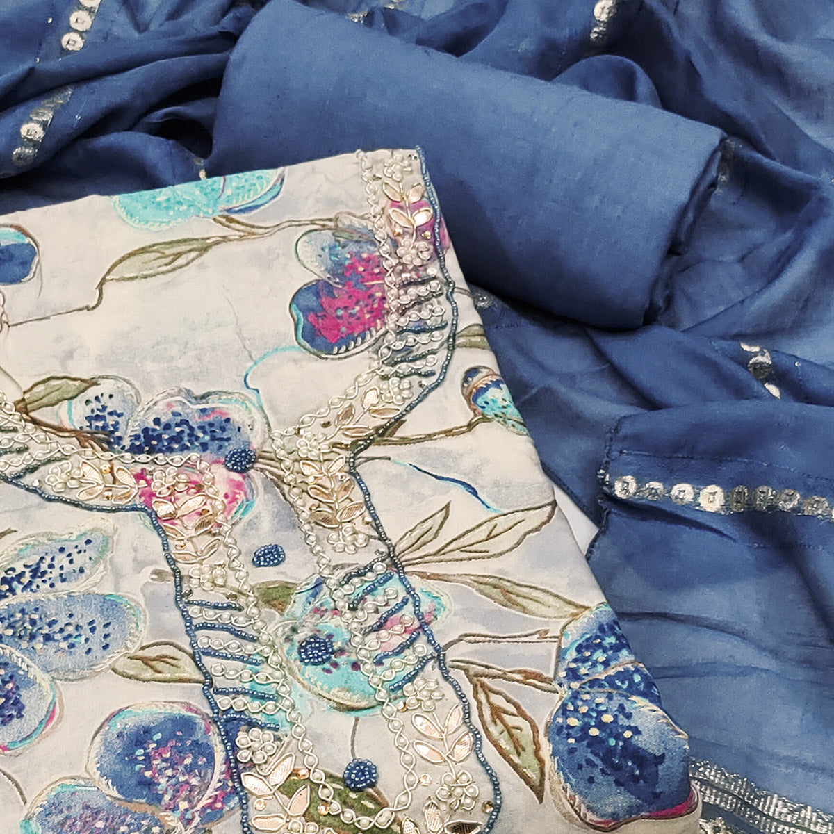 Blue In Jam Cotton with Floral Print & Intricate Moti Handwork Dress Material