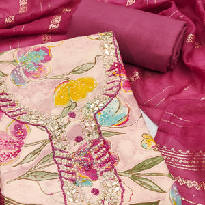 Pink In Jam Cotton with Floral Print & Intricate Moti Handwork Dress Material