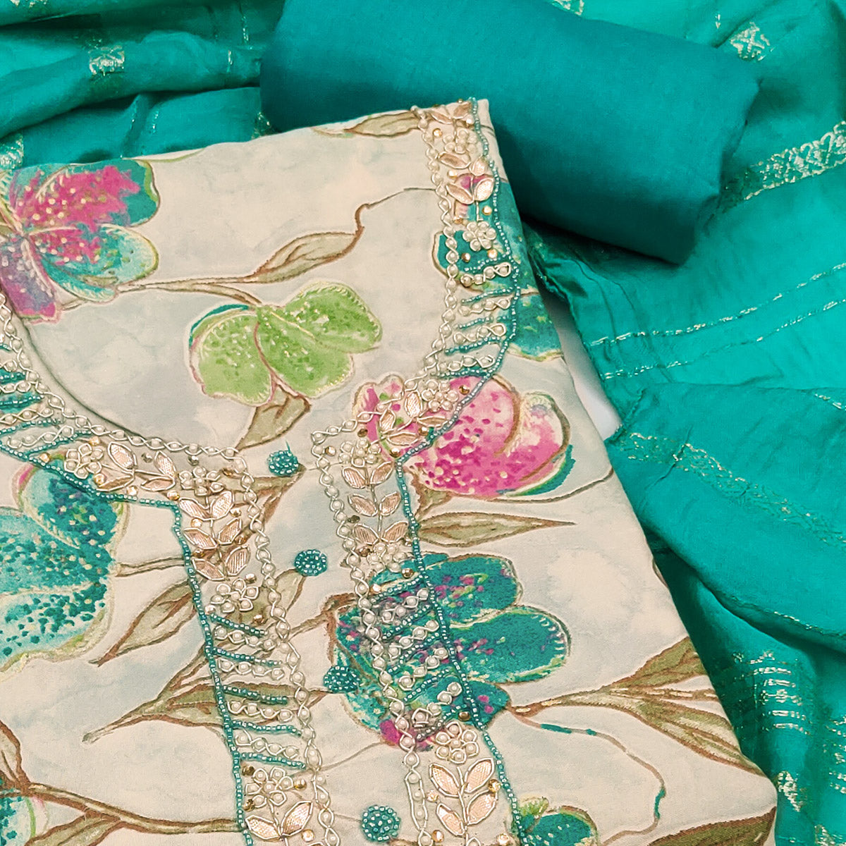 Rama Green In Jam Cotton with Floral Print & Intricate Moti Handwork Dress Material