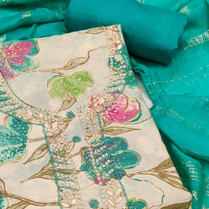Rama Green In Jam Cotton with Floral Print & Intricate Moti Handwork Dress Material