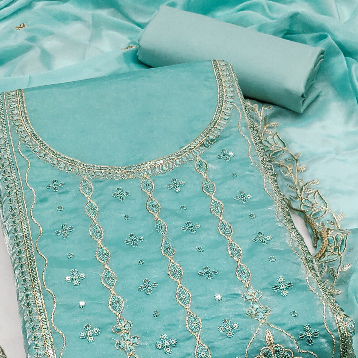Turquoise Floral Elegance With Sequins Embroidery On Viscose Satin Dress Material
