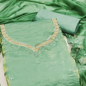 Green Ensemble With Floral Sequins Embroidery Detailing On Satin Viscose Dress Material