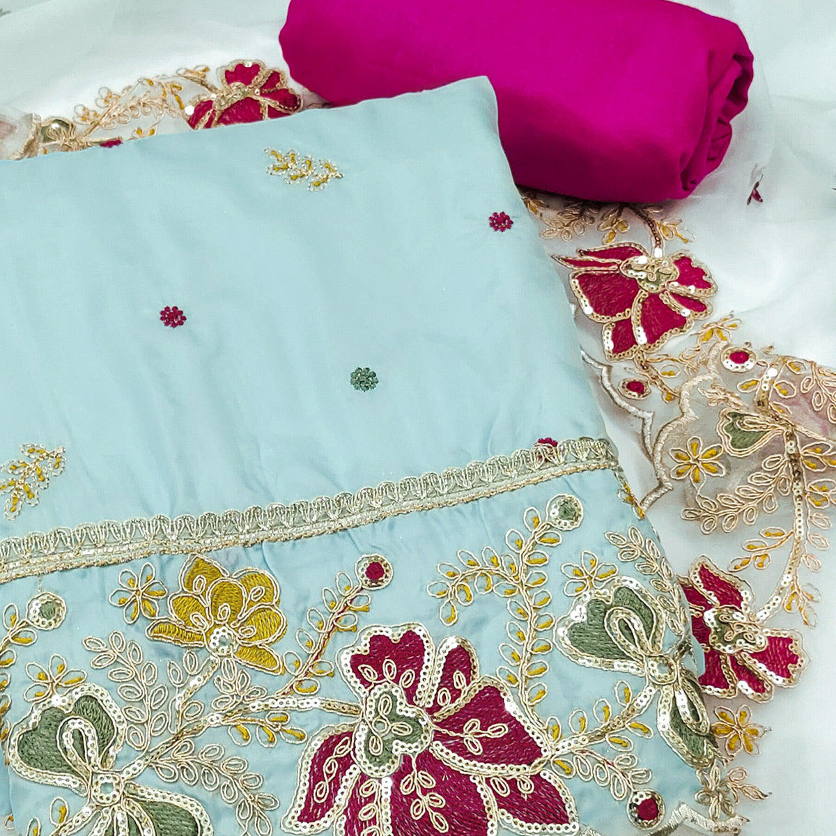 Blue Viscose Organza Dress Material Adorned with Cording & Sequin Embroidery Work