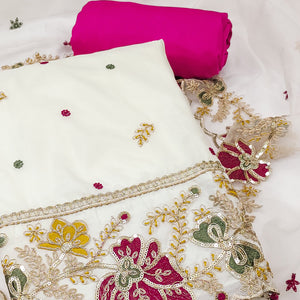 Offwhite Viscose Organza Dress Material Adorned with Cording & Sequin Embroidery Work