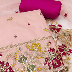 Peach Viscose Organza Dress Material Adorned with Cording & Sequin Embroidery Work