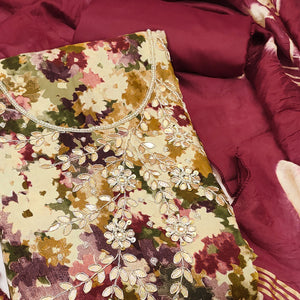 Maroon Pure Cotton Printed Dress Material Beautified With Moti & Sequins Hand Embellishment