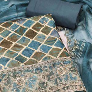 Blue Printed Dress Material In Pure Cotton With Intricate Sequins Embroidery Work