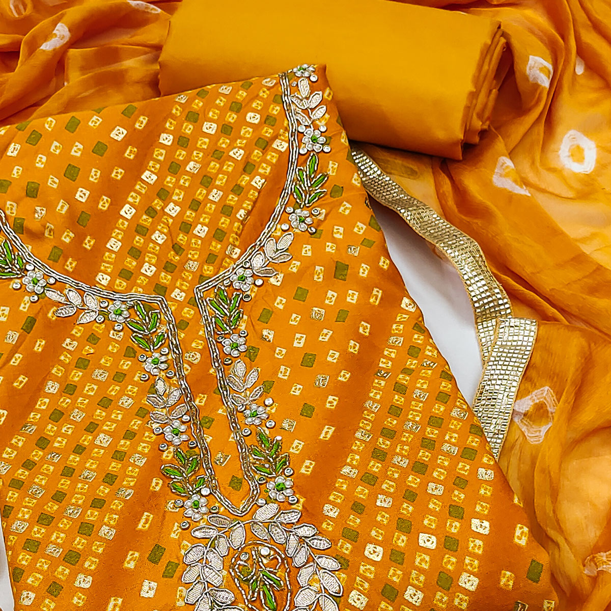 Mustard Bandhani Printed Pure Cotton Dress Material With Intricate Moti & Gota Patti Handwork