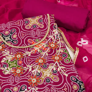Pink Bandhani Printed Pure Cotton Dress Material With Delicate Moti & Gota Patti Handwork