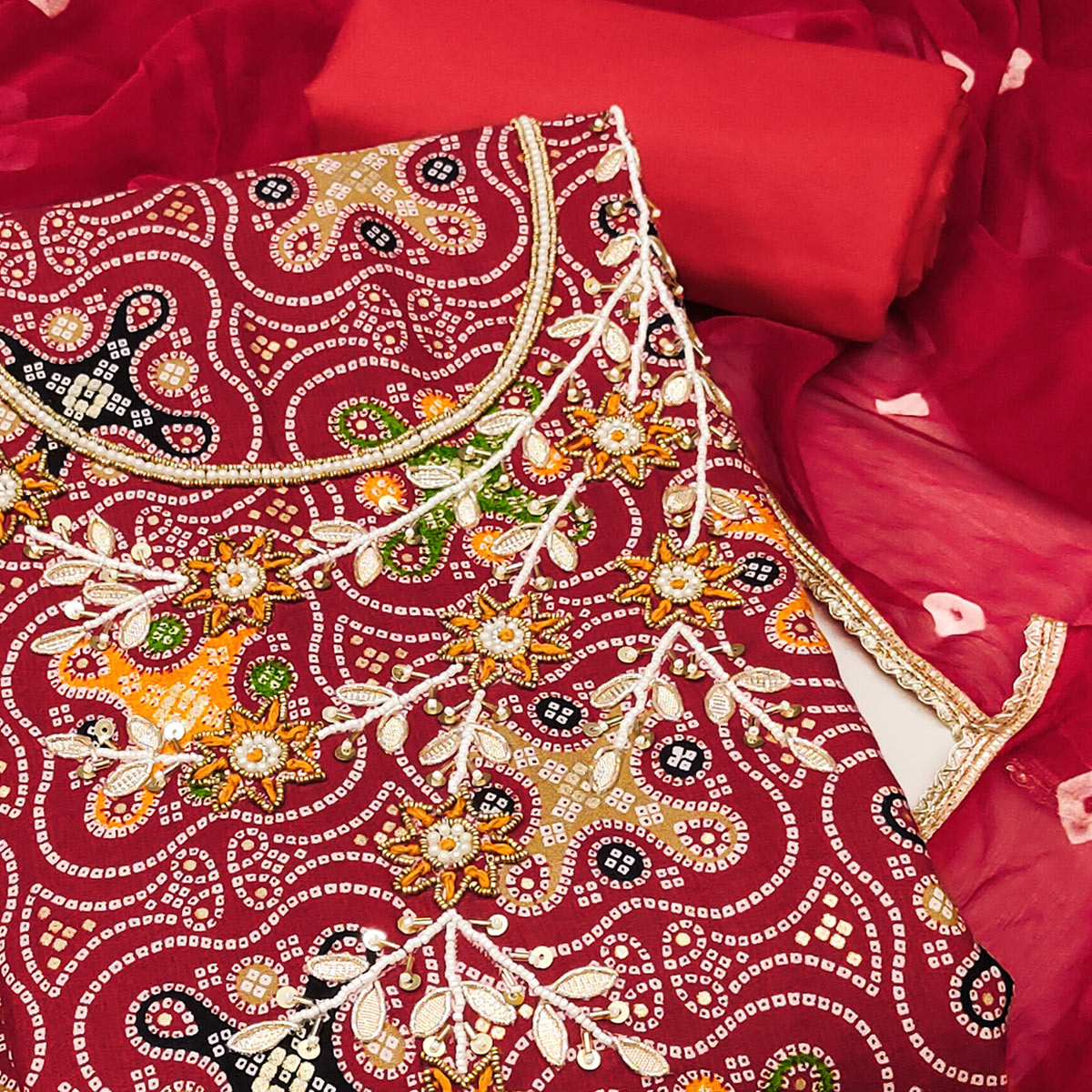 Red Bandhani Printed Pure Cotton Dress Material With Delicate Moti & Gota Patti Handwork