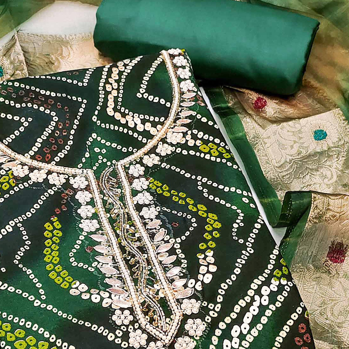 Green Bandhani Printed Pure Cotton Dress Material With Artistic Moti & Gota Patti Handwork