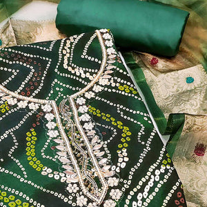 Green Bandhani Printed Pure Cotton Dress Material With Artistic Moti & Gota Patti Handwork