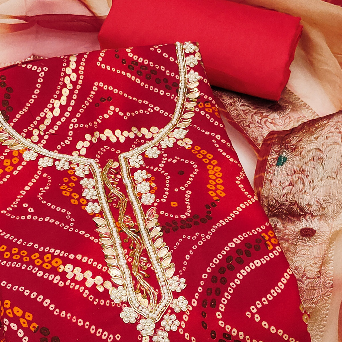 Red Bandhani Printed Pure Cotton Dress Material With Artistic Moti & Gota Patti Handwork